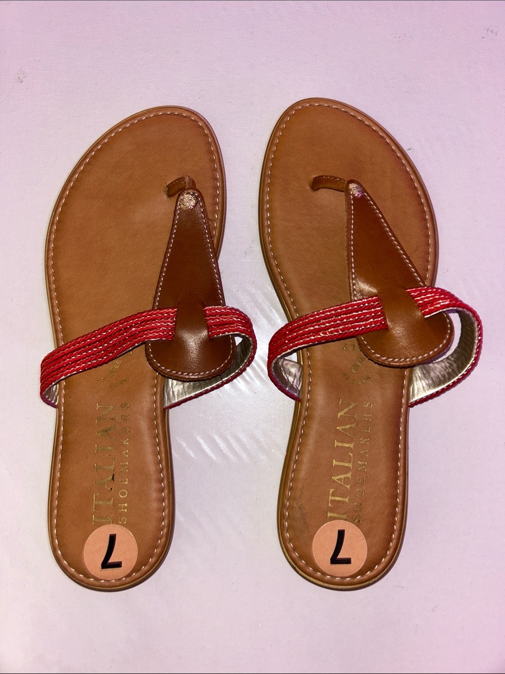 NWOB Italian Shoemakers Brown and Red Braided Thong Sandals